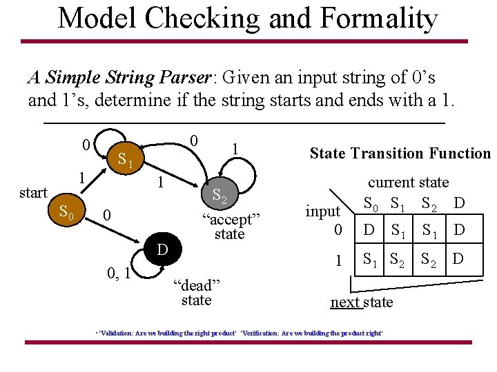 Model Checking and Formality A Simple String Parser: Given an input string of 0’s