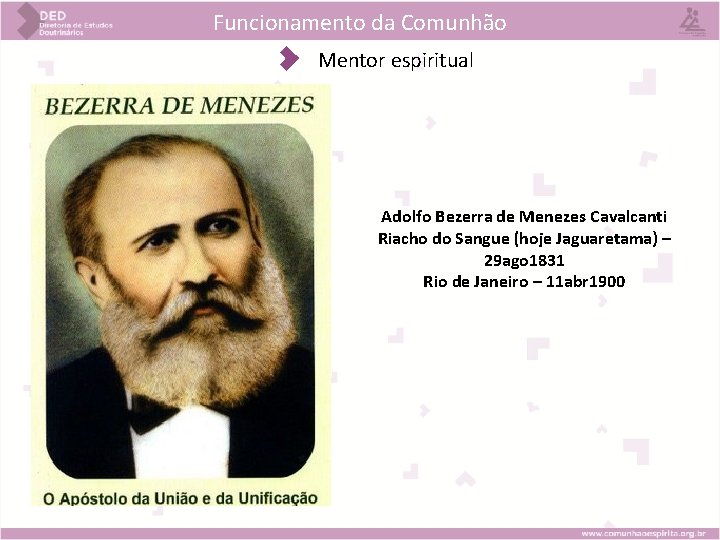 Funcionamento da Comunhão BEM VINDOS AO ESDE ! Mentor espiritual Adolfo Bezerra de Menezes Funcionamento da Comunhão BEM VINDOS AO ESDE ! Mentor espiritual Adolfo Bezerra de Menezes