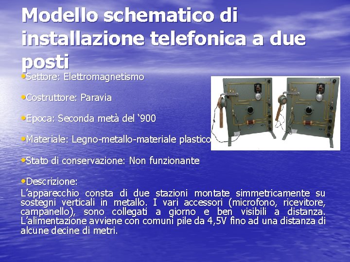 Modello schematico di installazione telefonica a due posti • Settore: Elettromagnetismo • Costruttore: Paravia