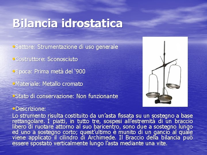 Bilancia idrostatica • Settore: Strumentazione di uso generale • Costruttore: Sconosciuto • Epoca: Prima