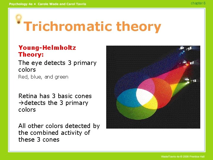 chapter 6 Trichromatic theory Young-Helmholtz Theory: The eye detects 3 primary colors Red, blue, chapter 6 Trichromatic theory Young-Helmholtz Theory: The eye detects 3 primary colors Red, blue,