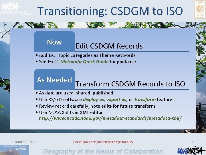 Transitioning: CSDGM to ISO Now Edit CSDGM Records • Add ISO Topic Categories as