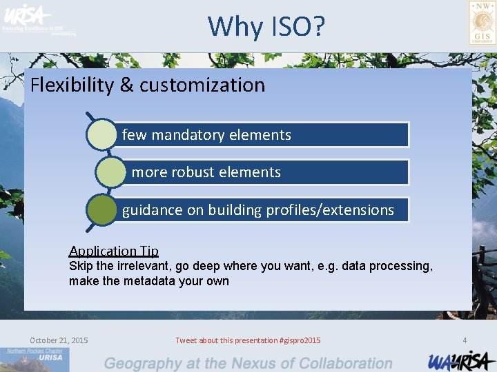 Why ISO? Flexibility & customization few mandatory elements more robust elements guidance on building