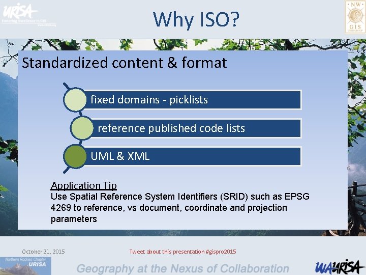 Why ISO? Standardized content & format fixed domains - picklists reference published code lists