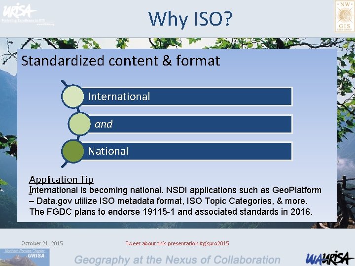 Why ISO? Standardized content & format International and National 7 Application Tip International is
