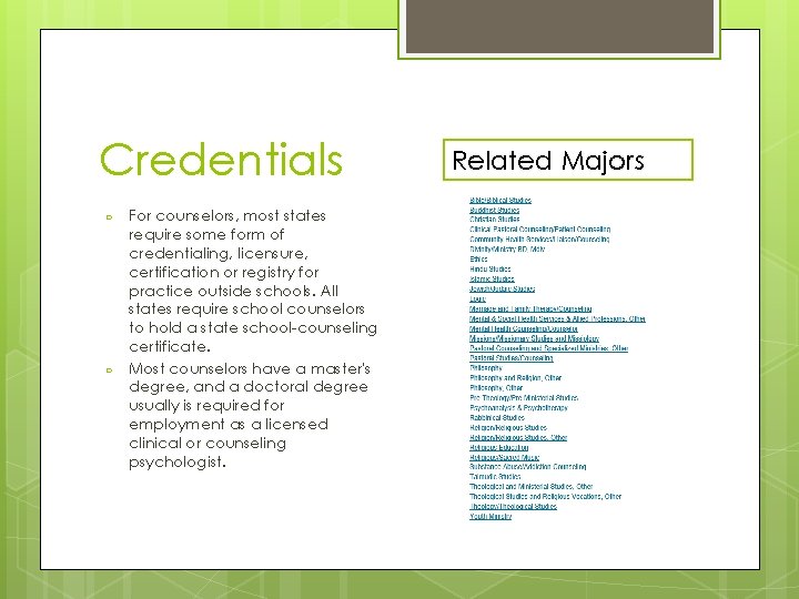 Credentials ○ ○ For counselors, most states require some form of credentialing, licensure, certification Credentials ○ ○ For counselors, most states require some form of credentialing, licensure, certification