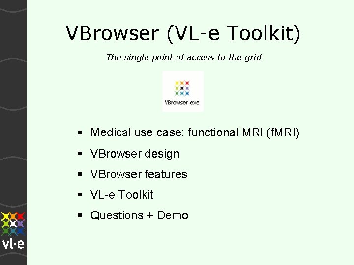 VBrowser (VL-e Toolkit) The single point of access to the grid Medical use case: