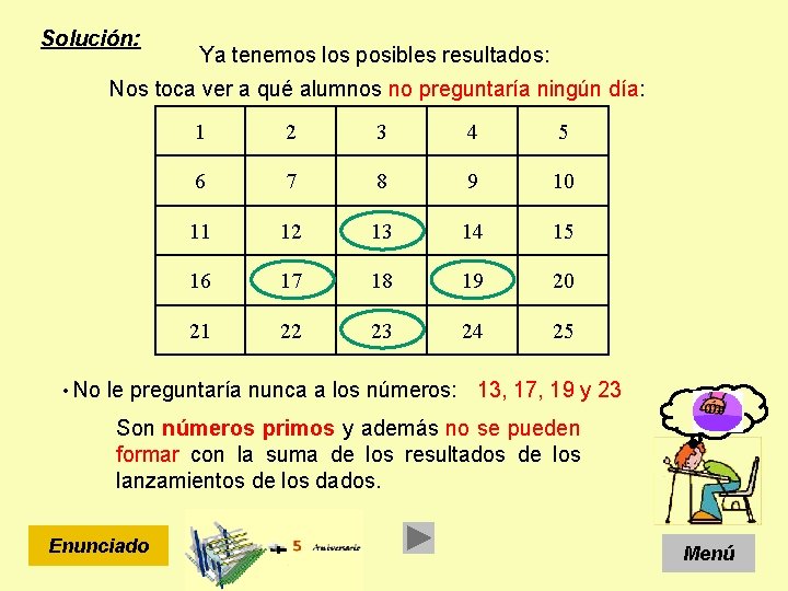 Solución: Ya tenemos los posibles resultados: Nos toca ver a qué alumnos no preguntaría Solución: Ya tenemos los posibles resultados: Nos toca ver a qué alumnos no preguntaría