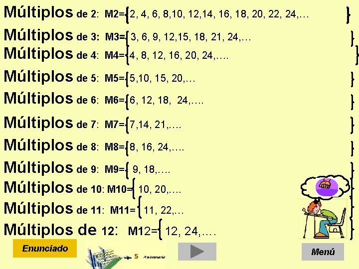 Múltiplos de 2: M 2= 2, 4, 6, 8, 10, 12, 14, 16, 18, Múltiplos de 2: M 2= 2, 4, 6, 8, 10, 12, 14, 16, 18,