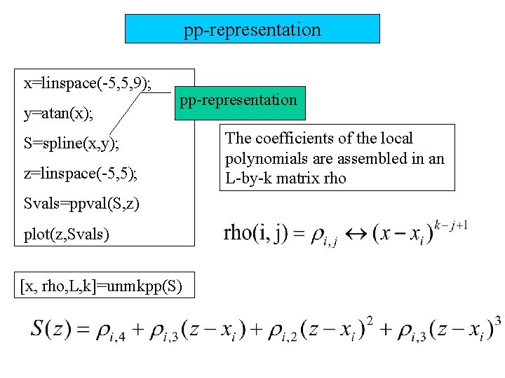 pp-representation x=linspace(-5, 5, 9); y=atan(x); pp-representation S=spline(x, y); z=linspace(-5, 5); Svals=ppval(S, z) plot(z, Svals)