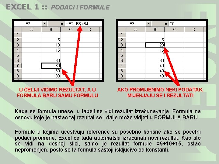 EXCEL 1 : : PODACI I FORMULE U ĆELIJI VIDIMO REZULTAT, A U FORMULA