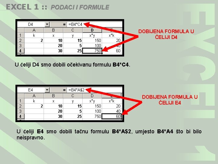 EXCEL 1 : : PODACI I FORMULE DOBIJENA FORMULA U ĆELIJI D 4 U