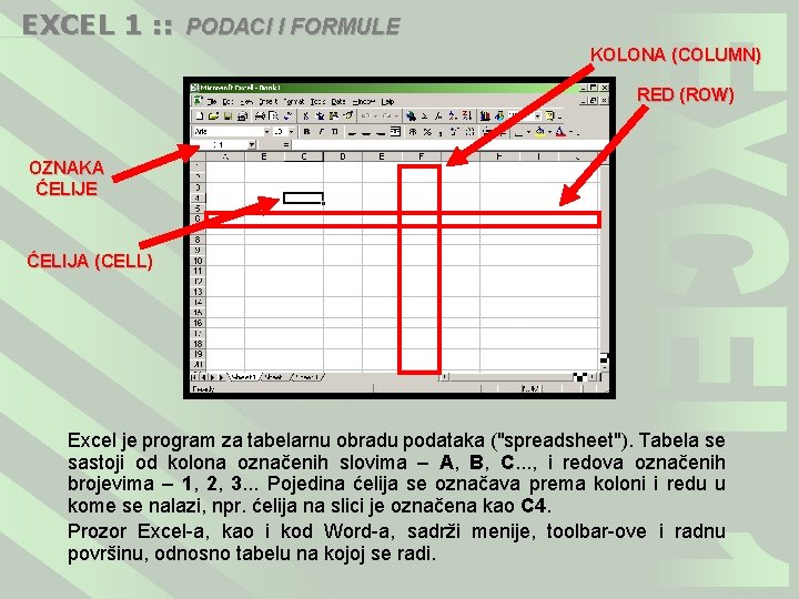 EXCEL 1 : : PODACI I FORMULE KOLONA (COLUMN) RED (ROW) OZNAKA ĆELIJE ĆELIJA