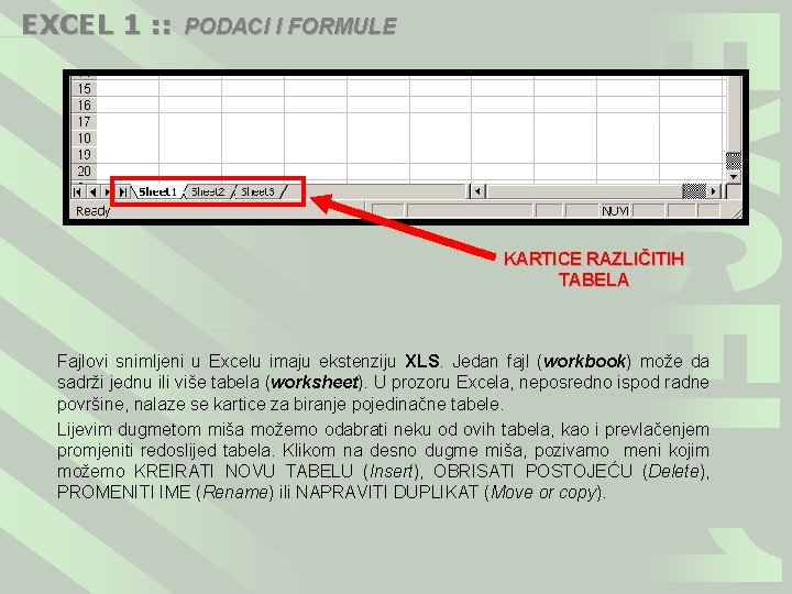 EXCEL 1 : : PODACI I FORMULE KARTICE RAZLIČITIH TABELA Fajlovi snimljeni u Excelu