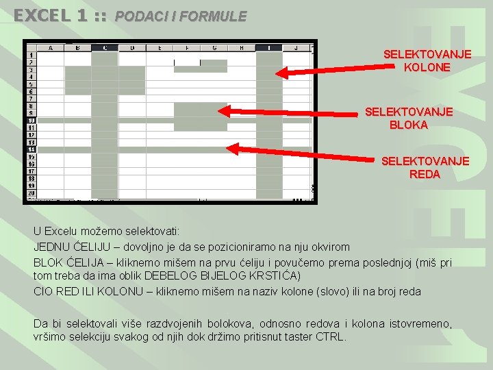 EXCEL 1 : : PODACI I FORMULE SELEKTOVANJE KOLONE SELEKTOVANJE BLOKA SELEKTOVANJE REDA U