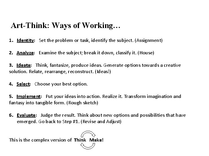 Art-Think: Ways of Working… 1. Identity: Set the problem or task, identify the subject.