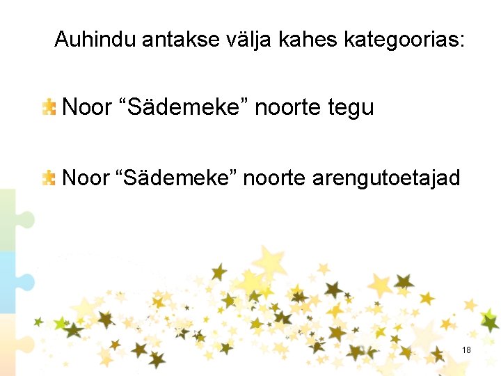 Auhindu antakse välja kahes kategoorias: Noor “Sädemeke” noorte tegu Noor “Sädemeke” noorte arengutoetajad 18