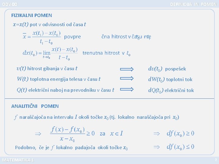 ODVOD DEFINICIJA IN POMEN FIZIKALNI POMEN x=x(t) pot v odvisnosti od časa t v(t)