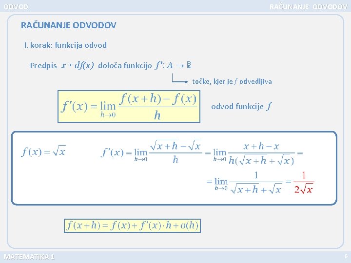 ODVOD RAČUNANJE ODVODOV I. korak: funkcija odvod Predpis x ↦ df(x) določa funkcijo f
