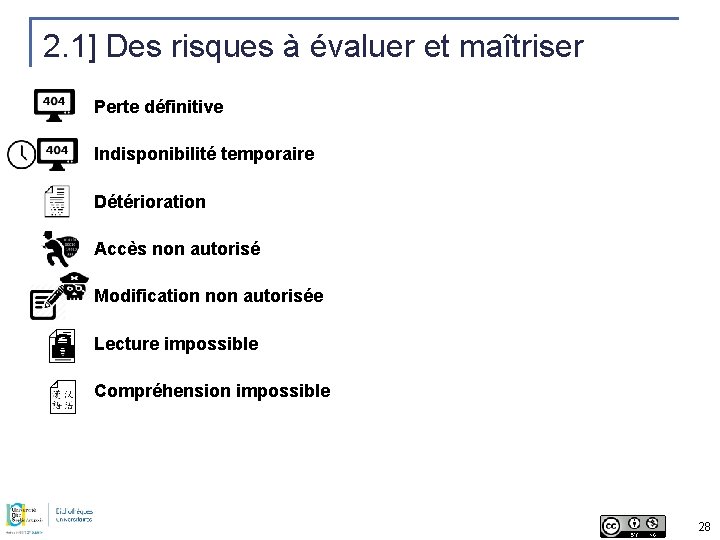 2. 1] Des risques à évaluer et maîtriser Perte définitive Indisponibilité temporaire Détérioration Accès