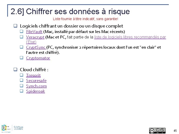 2. 6] Chiffrer ses données à risque Liste fournie à titre indicatif, sans garantie!