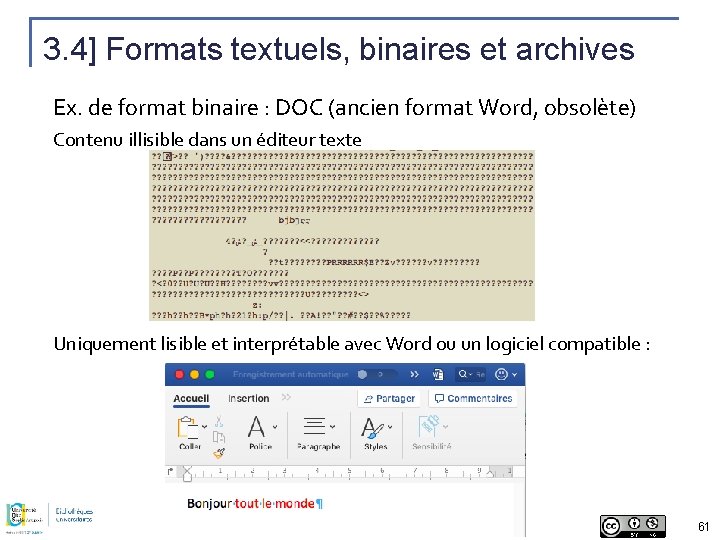 3. 4] Formats textuels, binaires et archives Ex. de format binaire : DOC (ancien