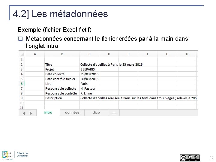 4. 2] Les métadonnées Exemple (fichier Excel fictif) q Métadonnées concernant le fichier créées