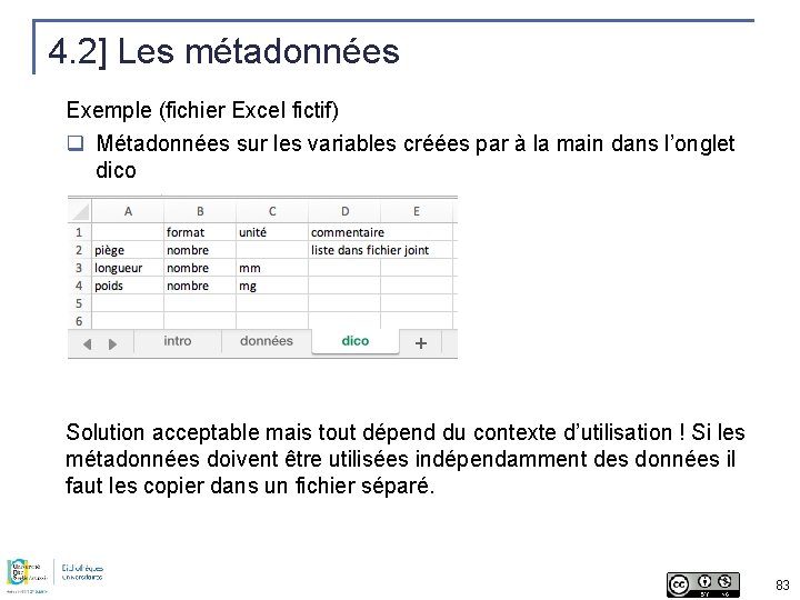 4. 2] Les métadonnées Exemple (fichier Excel fictif) q Métadonnées sur les variables créées