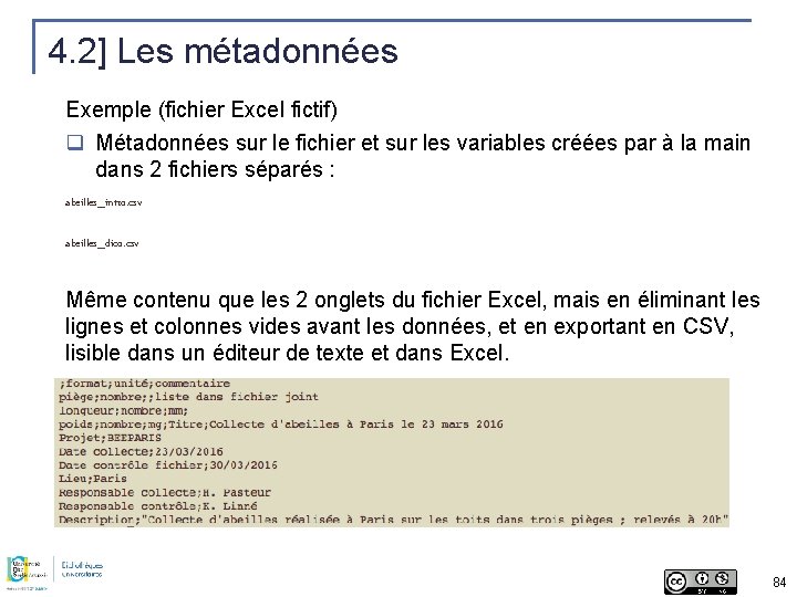 4. 2] Les métadonnées Exemple (fichier Excel fictif) q Métadonnées sur le fichier et