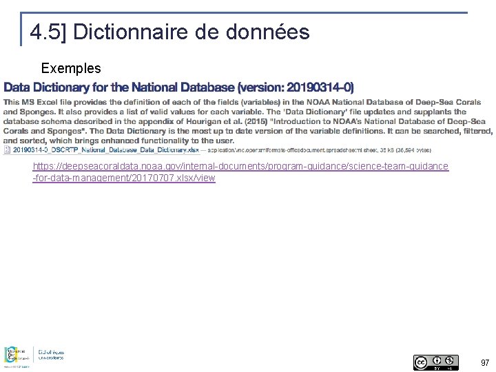 4. 5] Dictionnaire de données Exemples https: //deepseacoraldata. noaa. gov/internal-documents/program-guidance/science-team-guidance -for-data-management/20170707. xlsx/view 97 