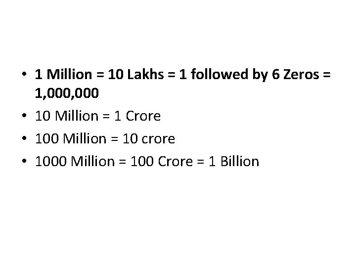  • 1 Million = 10 Lakhs = 1 followed by 6 Zeros =