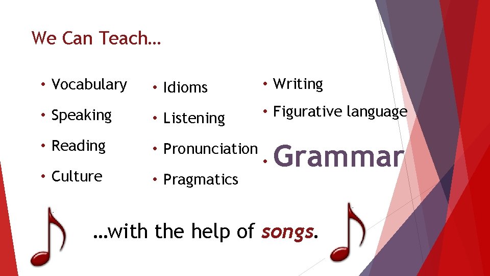 We Can Teach… • Vocabulary • Idioms • Writing • Speaking • Listening •