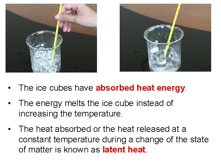  • The ice cubes have absorbed heat energy. • The energy melts the