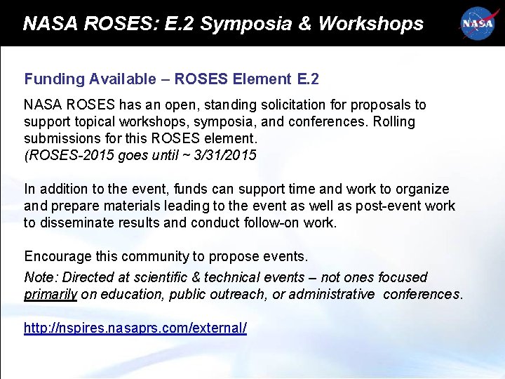 NASA ROSES: E. 2 Symposia & Workshops Funding Available – ROSES Element E. 2