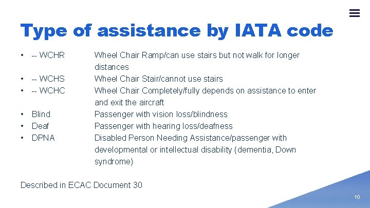 Type of assistance by IATA code • -- WCHR • -- WCHS • --