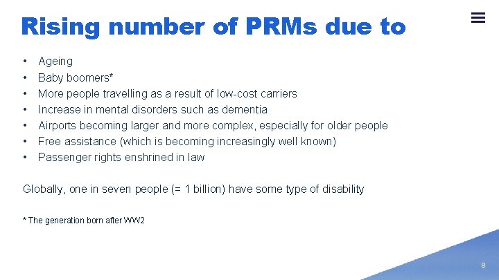 Rising number of PRMs due to • • Ageing Baby boomers* More people travelling