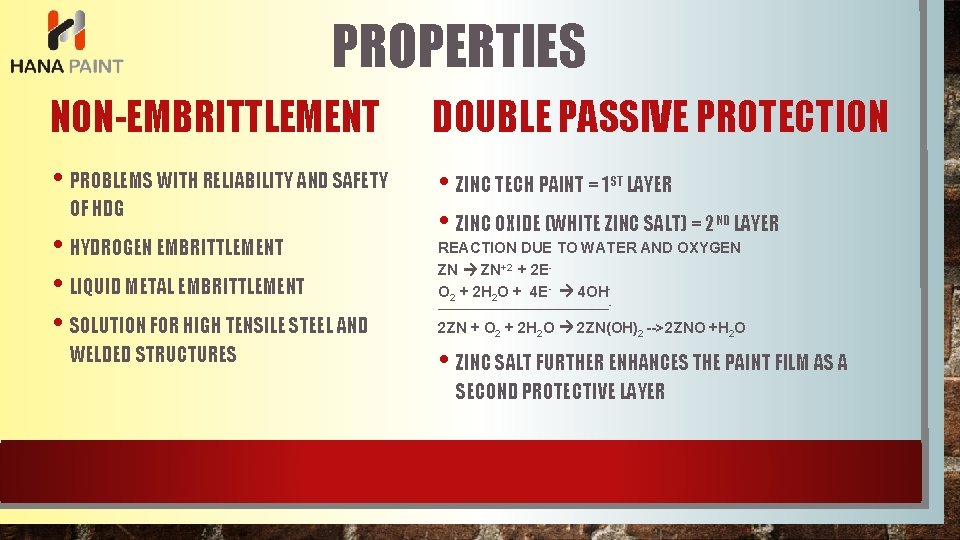 PROPERTIES NON-EMBRITTLEMENT DOUBLE PASSIVE PROTECTION • PROBLEMS WITH RELIABILITY AND SAFETY • ZINC TECH