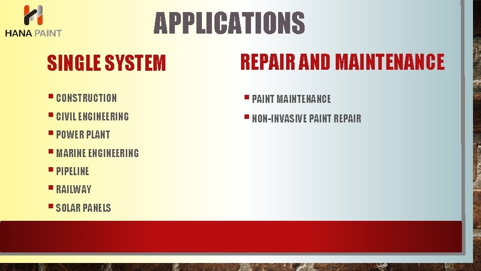 APPLICATIONS SINGLE SYSTEM REPAIR AND MAINTENANCE § CONSTRUCTION § CIVIL ENGINEERING § POWER PLANT