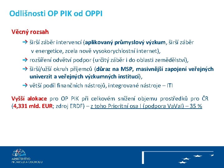 Odlišnosti OP PIK od OPPI Věcný rozsah širší záběr intervencí (aplikovaný průmyslový výzkum, širší