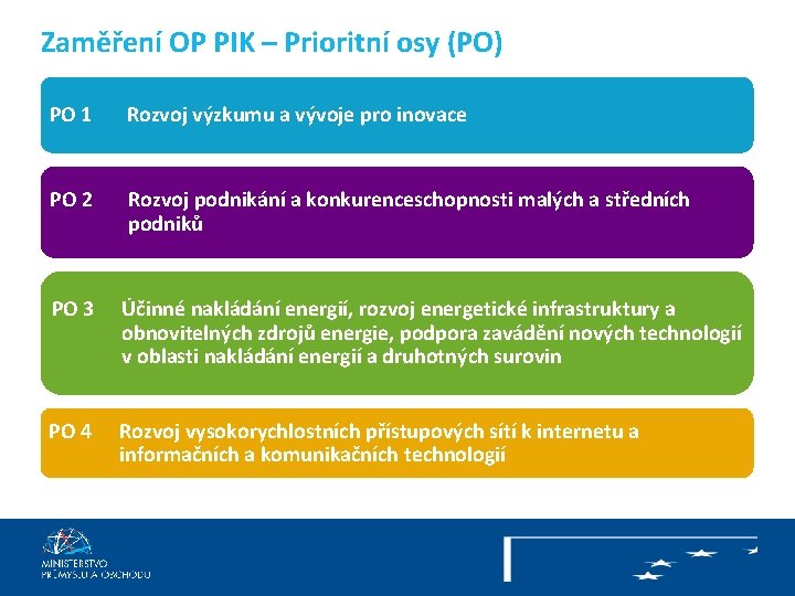 Zaměření OP PIK – Prioritní osy (PO). PO 1 Rozvoj výzkumu a vývoje pro