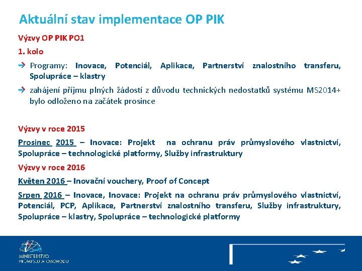 Aktuální stav implementace OP PIK Výzvy OP PIK PO 1 1. kolo Programy: Inovace,