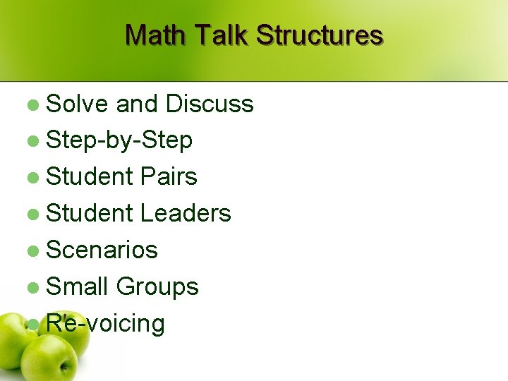 Math Talk Structures l Solve and Discuss l Step-by-Step l Student Pairs l Student