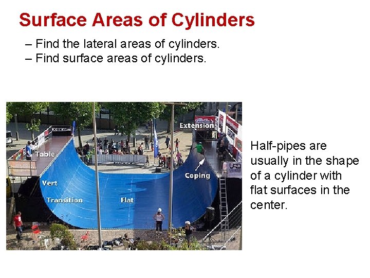 Surface Areas of Cylinders – Find the lateral areas of cylinders. – Find surface