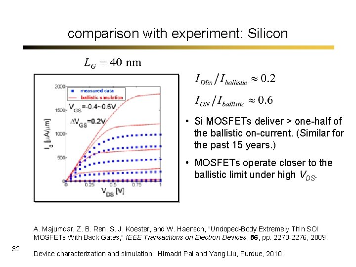 comparison with experiment: Silicon • Si MOSFETs deliver > one-half of the ballistic on-current.