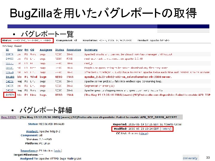 Bug. Zillaを用いたバグレポートの取得 • バグレポート一覧 • バグレポート詳細 Department of Computer Science, Graduate School of Information