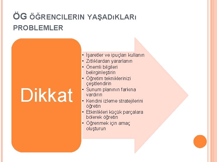 ÖG ÖĞRENCILERIN YAŞADıKLARı PROBLEMLER Dikkat • İşaretler ve ipuçları kullanın • Zıtlıklardan yararlanın •