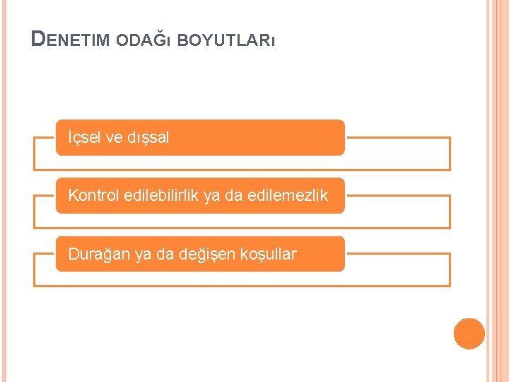 DENETIM ODAĞı BOYUTLARı İçsel ve dışsal Kontrol edilebilirlik ya da edilemezlik Durağan ya da