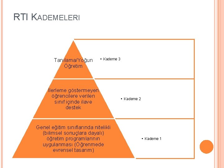 RTI KADEMELERI Tanılama/Yoğun Öğretim • Kademe 3 İlerleme göstermeyen öğrencilere verilen sınıf içinde ilave