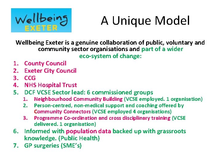 A Unique Model Wellbeing Exeter is a genuine collaboration of public, voluntary and community