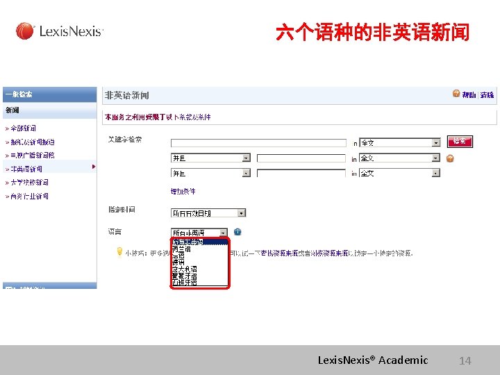 六个语种的非英语新闻 Lexis. Nexis® Academic 14 